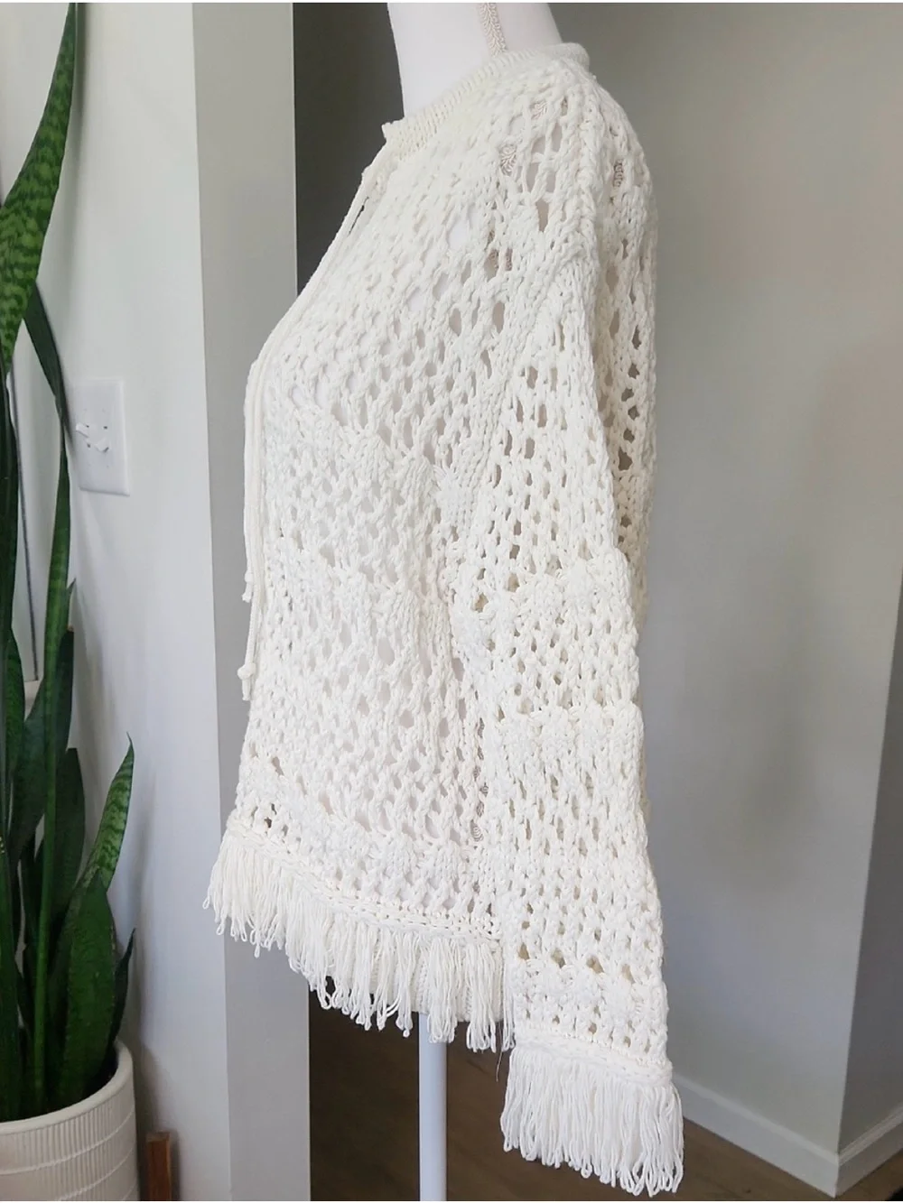 Zara Fringe Crochet Sweater Top Open Knit V-Neck Tassel Boho Beach Shirt